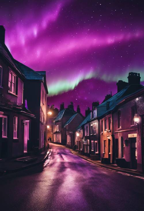 An isolated street in a quaint town, lit by swirling black and purple Northern Lights.