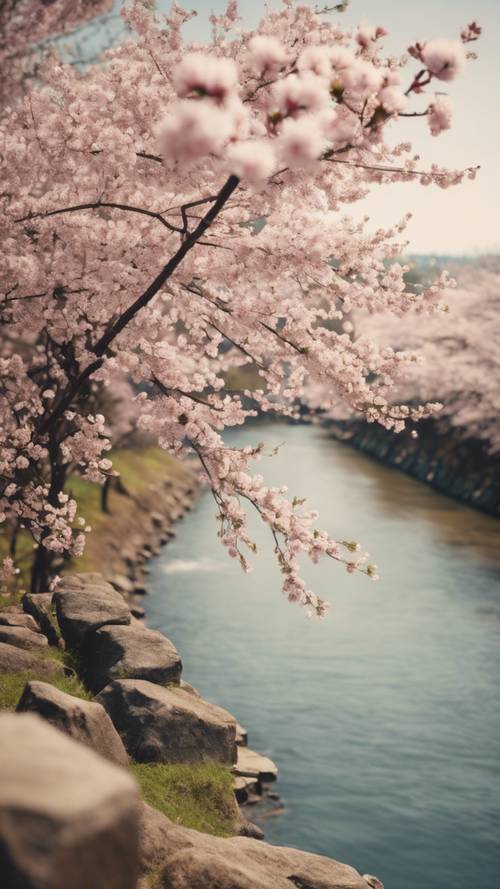 Stara japońska pocztówka przedstawiająca malowniczy widok na kwitnące wiśnie wzdłuż rzeki.