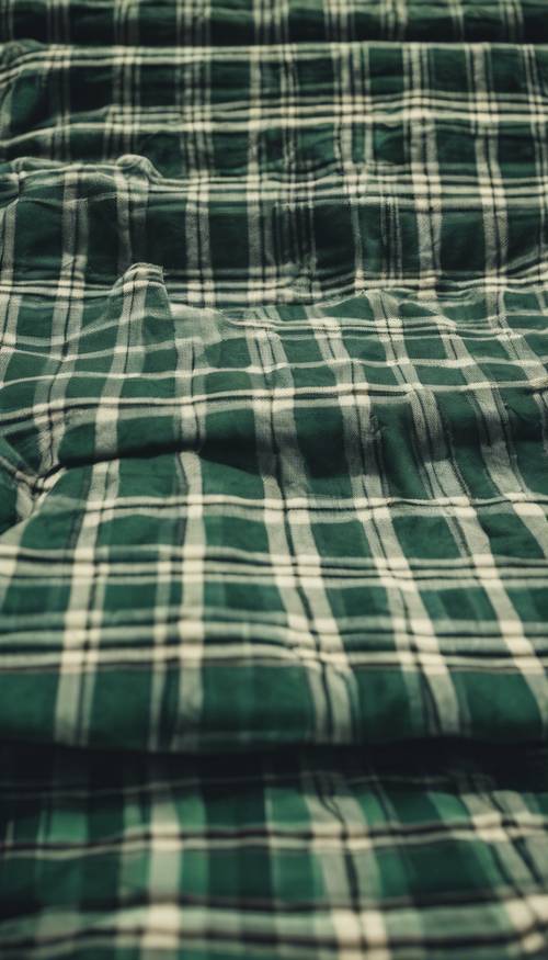 Темно-зеленый клетчатый узор раскинулся по одеялу для пикника ранним весенним днем.