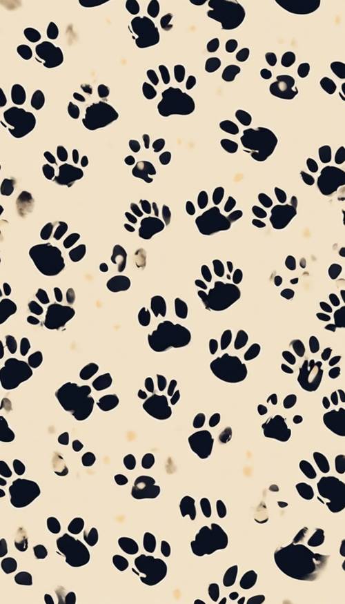 A seamless pattern of an expressive, whimsical cat's paw prints scattered playfully on a warm cream background.