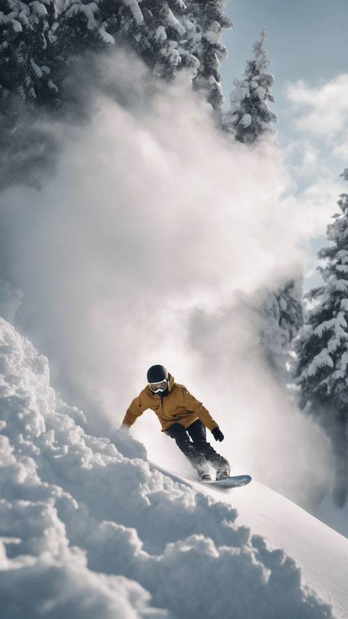 Yüksek hızlı bir virajın ortasında, bulut benzeri bir kar tabakasıyla çevrili bir snowboardcu.