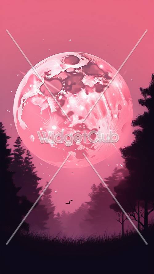 Luna rosa sobre silueta de bosque