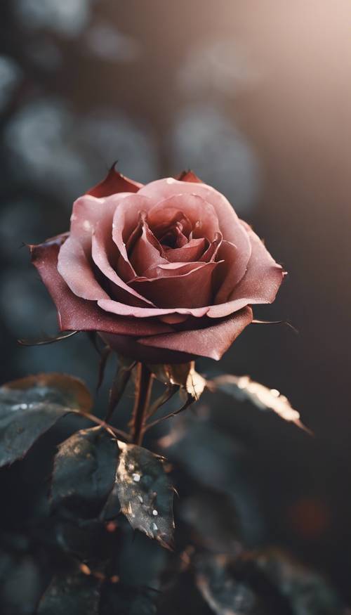 A rose with dark metallic petals and sharp thorns