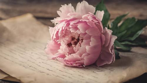 Bunga peoni merah muda pudar pada surat tulisan tangan tua, melambangkan cinta yang telah lama hilang.