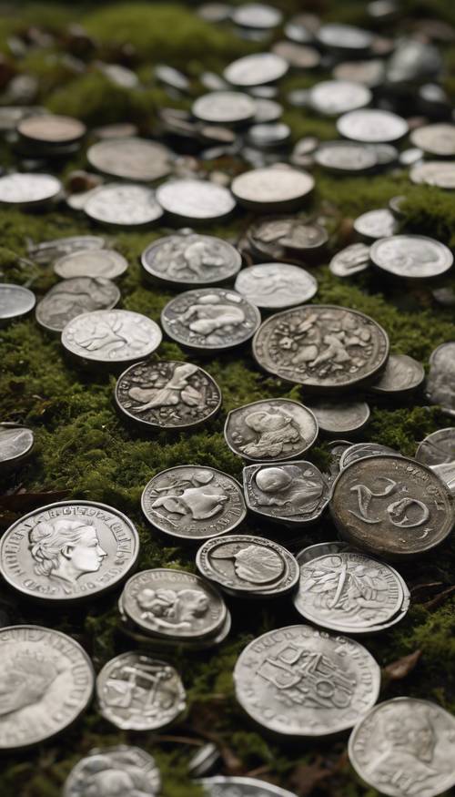 Una collezione di monete d&#39;argento vecchie e ossidate sparse su un pavimento di foresta verde muschio.