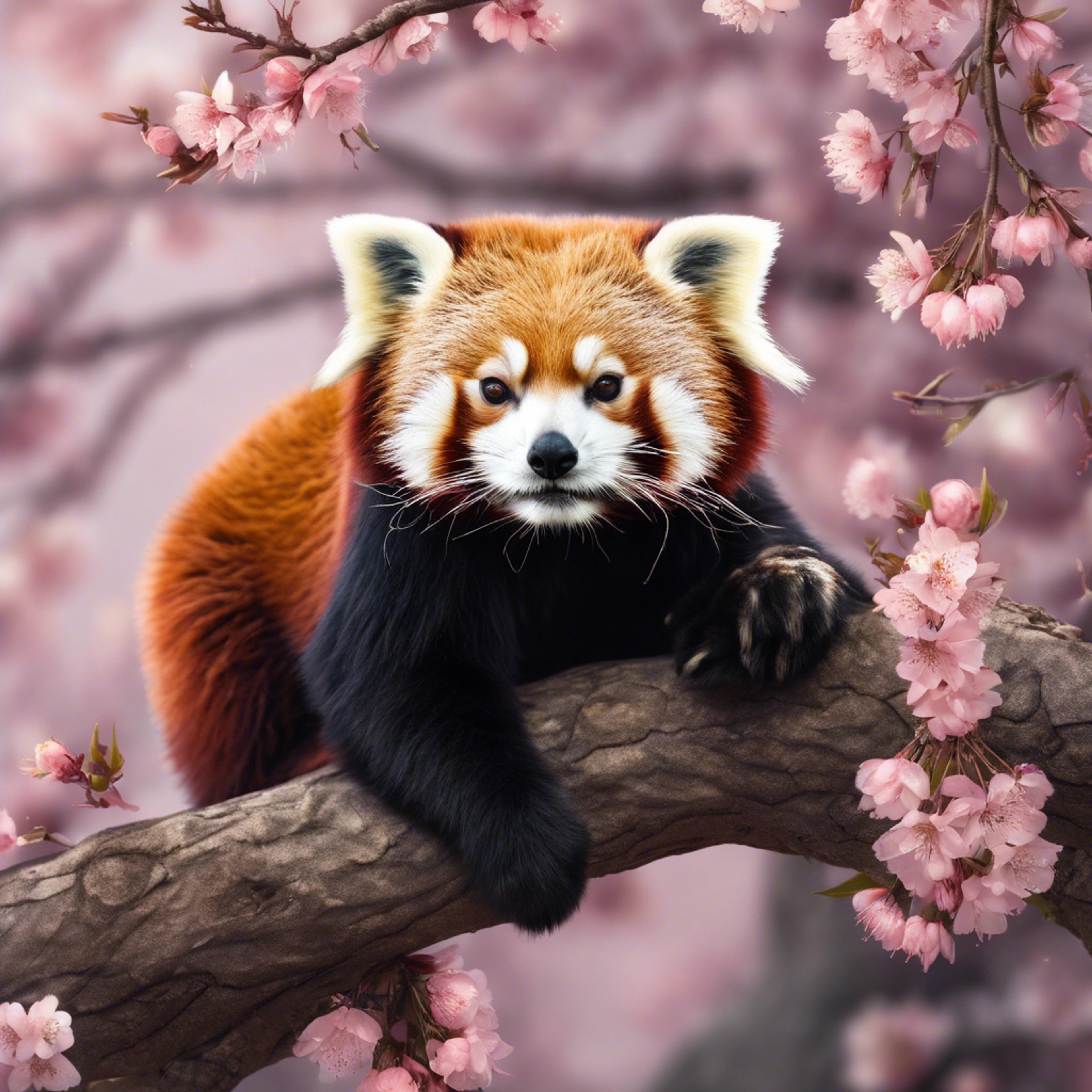 A red panda lounging lazily on a tree branch with a backdrop of blooming cherry blossoms. Дэлгэцийн зураг[422b6dc9464b43ba80b6]