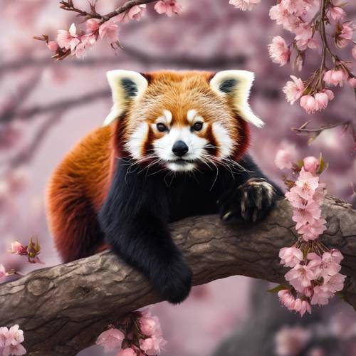 A red panda lounging lazily on a tree branch with a backdrop of blooming cherry blossoms.