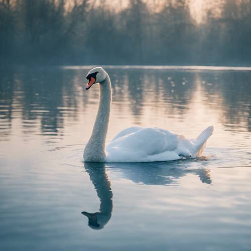 Elegant swan gliding gracefully on a peaceful blue watercolor lake.