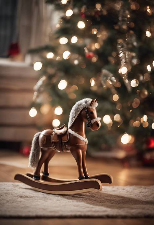 Un cheval à bascule en bois marron placé à côté d&#39;un grand sapin de Noël.