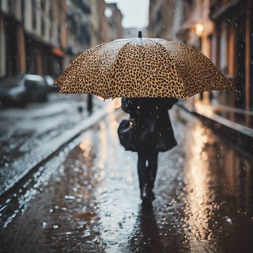 A leopard print umbrella standing out on a rainy city street