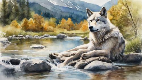 ציור בצבעי מים של סצנה שלווה שבה זאב שוכב בשלווה ליד נחל הררי צלול.