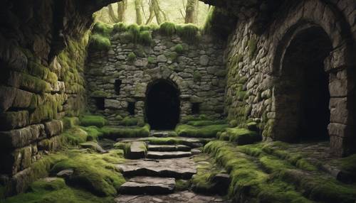 Ветхое подземелье с покрытыми мхом каменными стенами.