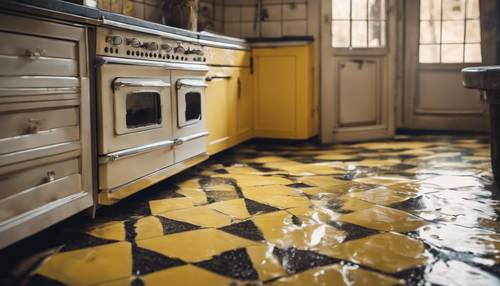 Yellow checkered tiles flooring in an antique kitchen Tapet [35efc4657ab0473caab6]