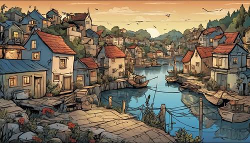 A dreamy cartoon-style depiction of a charming little fishing village at dusk.