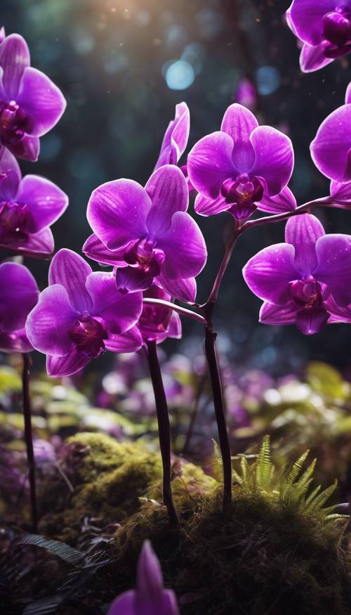 Parıldayan mor orkidelerle aydınlatılan büyülü bir orman.