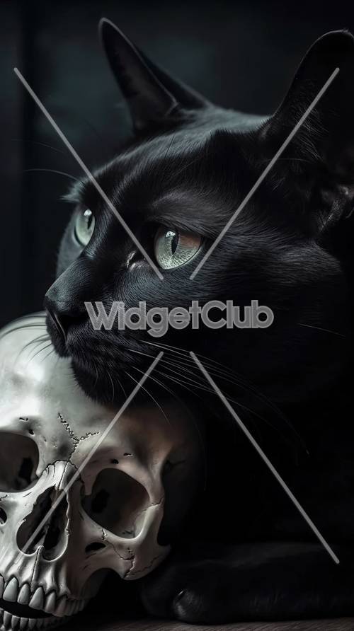 אמנות מיסטית של חתול וגולגולת שחורה
