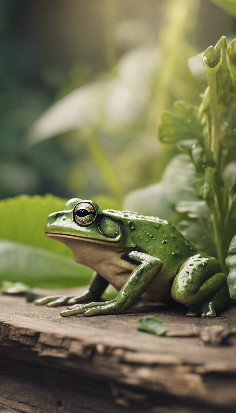 A rustic sketch of a detailed close-up of a green frog, located within a lush cottage garden. Tapetai[a5dd2490fb3f40b2a9c8]