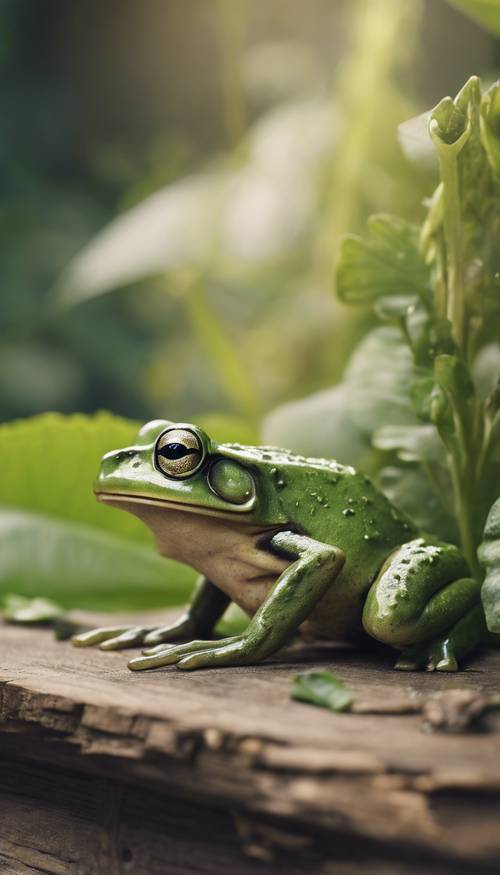 סקיצה כפרית של תקריב מפורט של צפרדע ירוקה, הממוקמת בתוך גן קוטג&#39; שופע.