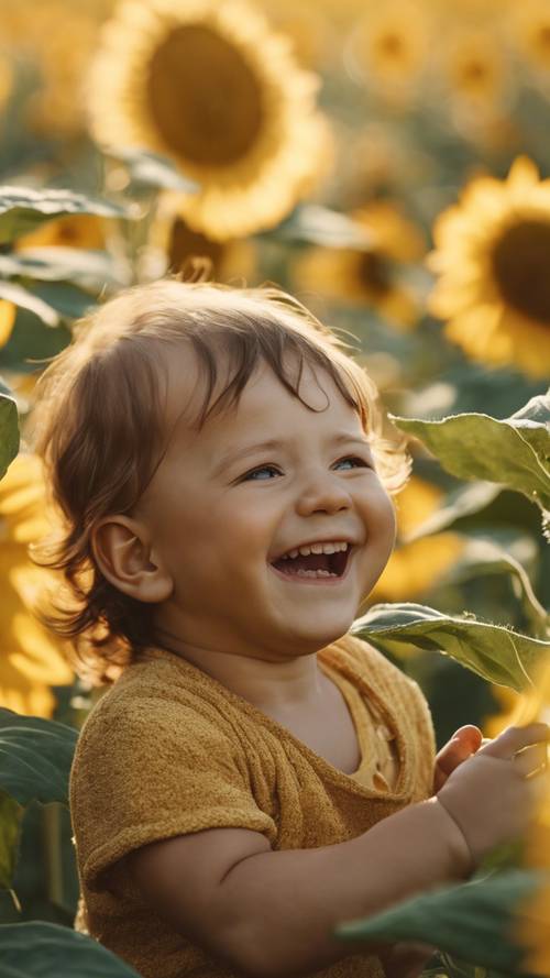 Ein lachendes Baby in einem gelben Sonnenblumenfeld, das im goldenen Sommerlicht sonnt.