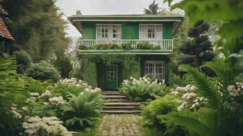 Sebuah rumah hunian kelas atas yang dicat dengan warna hijau pakis segar, dikelilingi oleh taman yang terawat dengan bunga-bunga yang bermekaran.