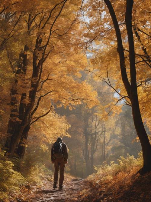 A solitary hiker on a trail, surrounded by September's changing leaves