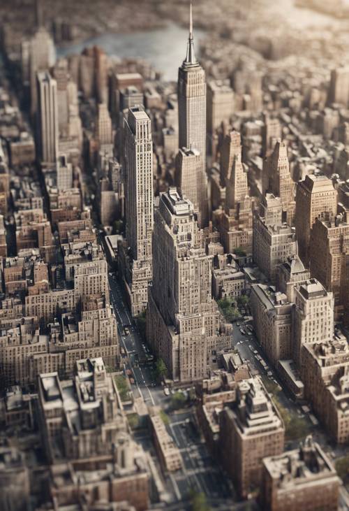 紐約市的大型復古地圖，上面有複雜的建築草圖。