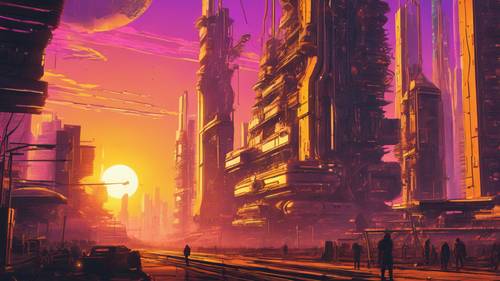 A digital yellow sun setting behind towering high-tech structures.