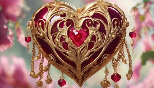 An art nouveau inspired print of an ornate, ruby heart dripping with golden ornaments in a lush garden