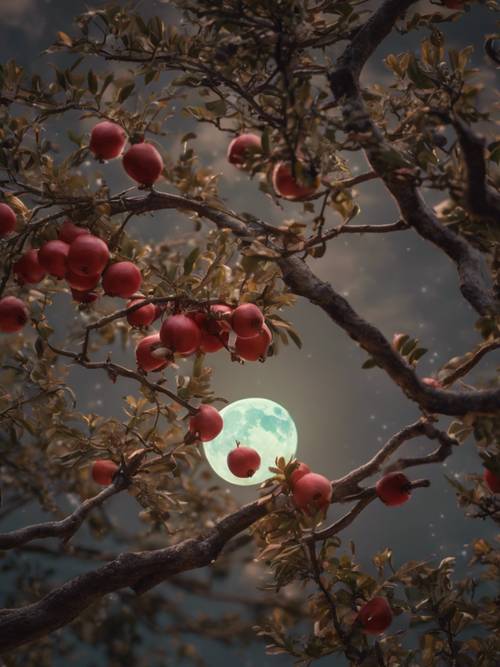 Uma lua cheia vista através dos galhos de uma romãzeira.