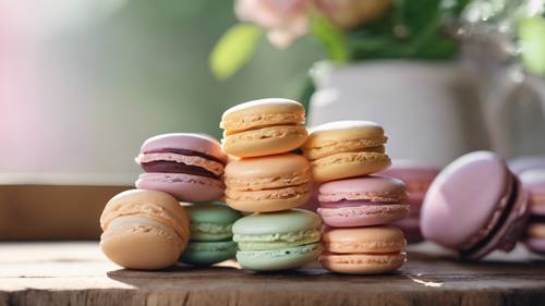 Sunlight illuminating a stack of pastel macarons on a rustic wooden table.