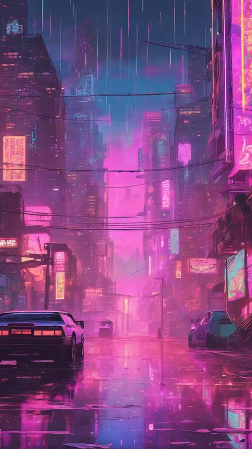 Rain droplets falling on a pastel hued cyberpunk landscape during twilight.