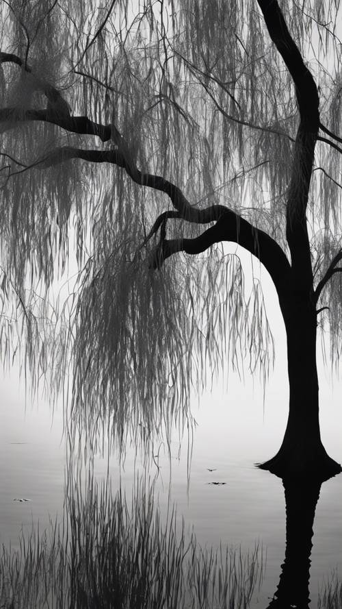 Siluet pohon willow yang menangis di samping kolam yang tenang, pemandangannya tampak seperti lukisan monokrom yang damai.