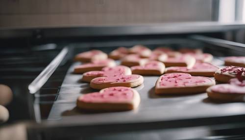 Biscotti a forma di cuore cotti nel forno.