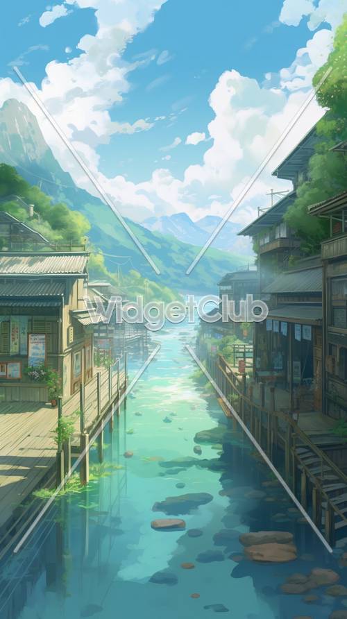 Serene River Town Scene