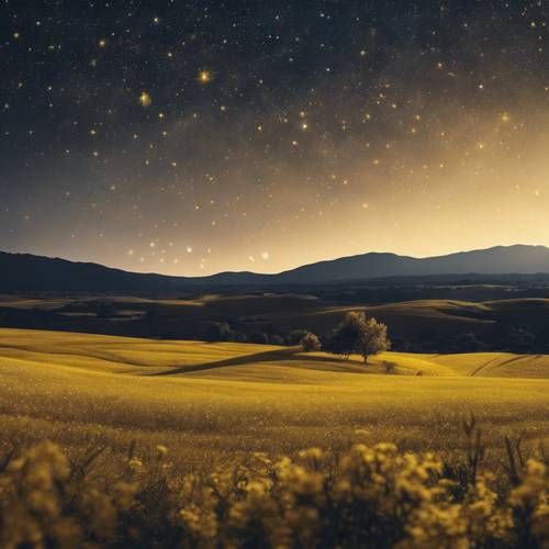 Yıldızlı gece gökyüzünün altında sarı bir ovanın huzurlu bir sahnesi.