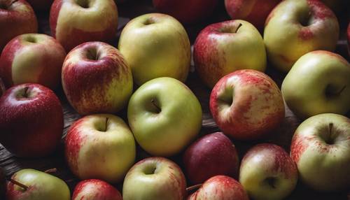 مجموعة متنوعة من التفاح، منحوتة بأناقة في أشكال وأنماط فنية مختلفة.