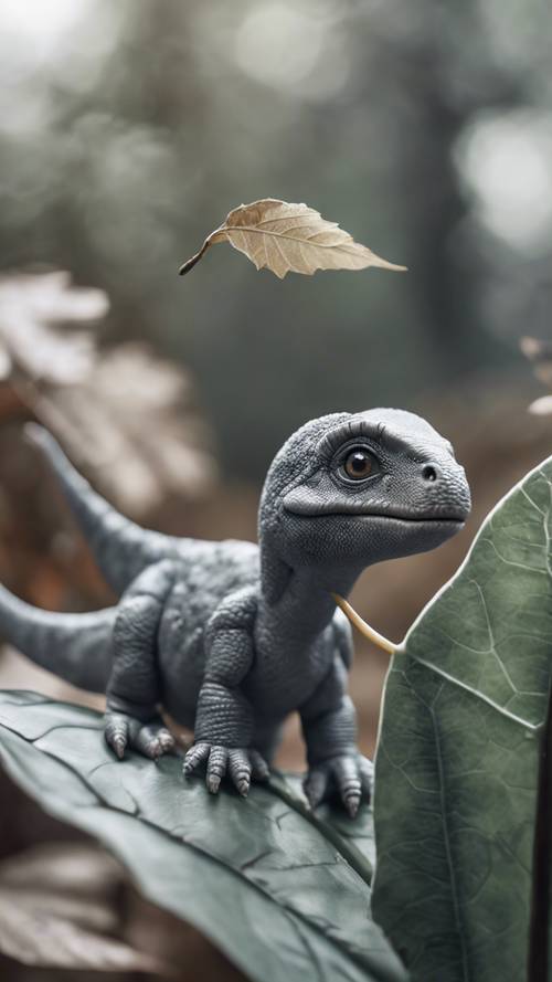 Seekor dinosaurus abu-abu, seukuran bayi burung, dengan rasa ingin tahu sedang mengamati daun raksasa.