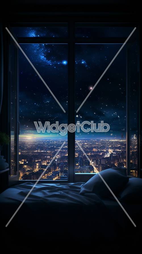 Bầu trời đêm đầy sao trên thành phố từ cửa sổ phòng ngủ