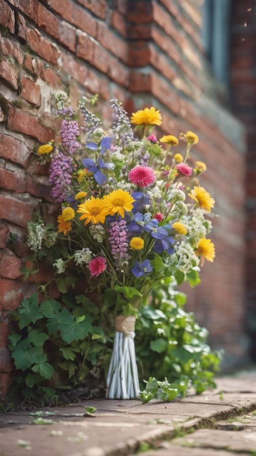 Młodzieńczy, szykowny bukiet polnych kwiatów na tle porośniętego bluszczem zabytkowego muru z cegły.