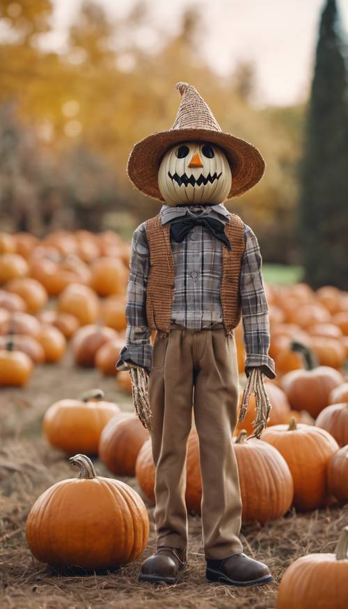 Eine adrette Vogelscheuche, gekleidet in ein kariertes Hemd, Khakihosen und einen schicken Strohhut, bewacht am Vorabend von Halloween ein Kürbisfeld.