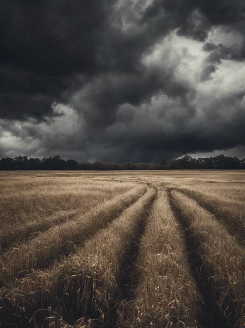Dark clouds with rich textures looming over a desolate field.