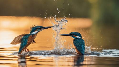 Dua burung pekakak remaja menyelam ke danau saat matahari terbenam untuk menangkap ikan.