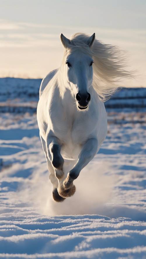 Seekor kuda putih cantik berlari bebas melintasi tundra bersalju di bawah cahaya perak bulan purnama.
