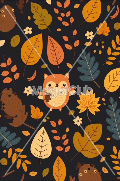 可愛的秋天貓頭鷹和樹葉圖案