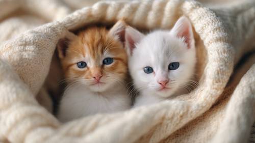작고 하얀색과 진홍색 새끼 고양이 몇 마리가 편안한 니트 담요 속에 함께 껴안고 있었습니다.