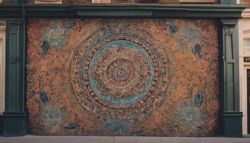 Un piccolo e intricato murale boho sulla parete esterna di una boutique vintage