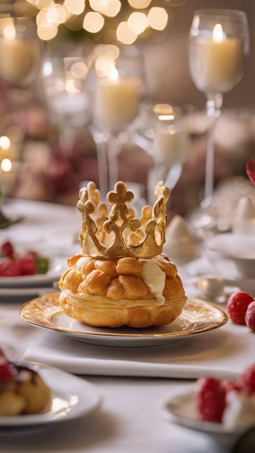 Mahkota puff krim milik koki pastry di atas hidangan penutup jamuan makan yang meriah.
