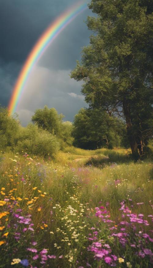Un paisaje rural lleno de flores silvestres bajo un cielo resplandeciente con un aura de colores del arco iris.