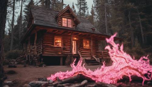 Hipnotyzujący taniec różowych płomieni w przytulnej chatce z bali.