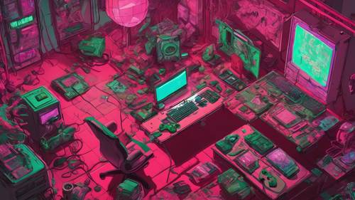 A top-down view of an intense gaming session in a room color-themed red and green, snack wrappers strewn about.